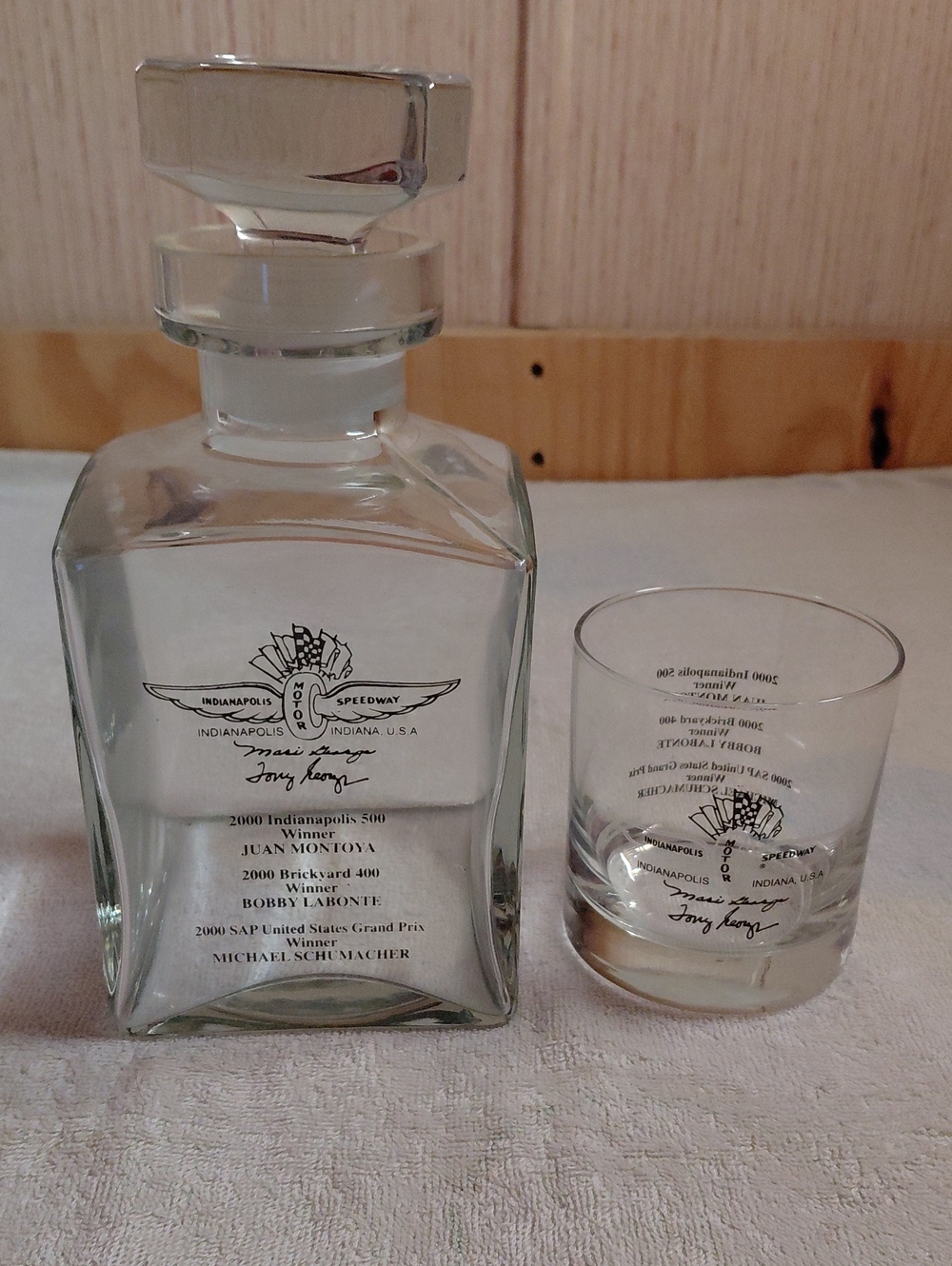 Indianapolis Motor Speedway 2000's Commemorative Liquor Decanter And Rock Glass